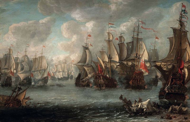 Pieter Cornelisz van Soest (1600 - 1667) Battaglia navale tra le flotte inglesi e olandesi  - Asta Dipinti Antichi - Cambi Casa d'Aste