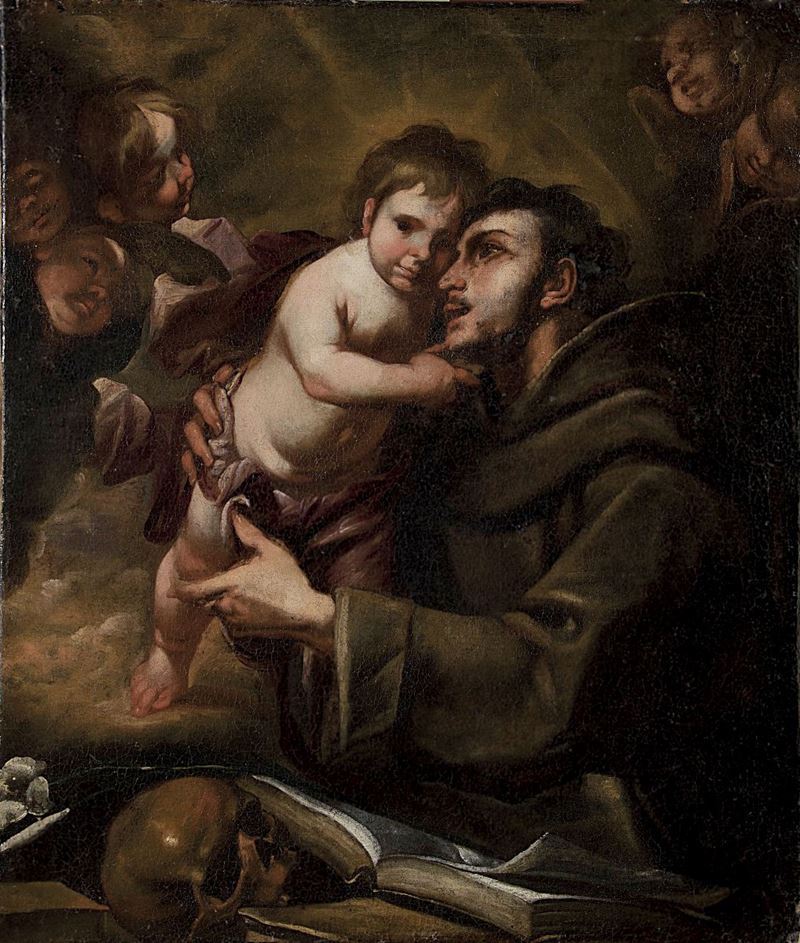 Gioacchino Assereto (Genova 1600-1649) S.Antonio da Padova con il Bambino Gesù  - Asta Dipinti Antichi - I - Cambi Casa d'Aste