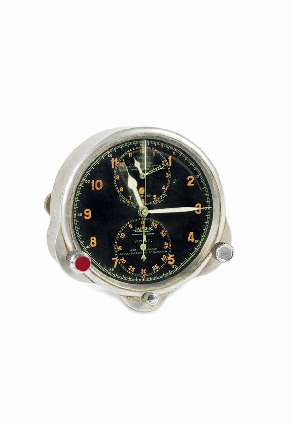 JAEGER, Temps de Marche, very rare, stainless steel car clock with chronograph, elapsed time function, power reserve and 24 hours dial. Made circa 1930