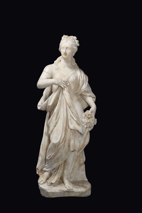 Scultura in marmo bianco, arte barocca italiana del XVII secolo Pomona
