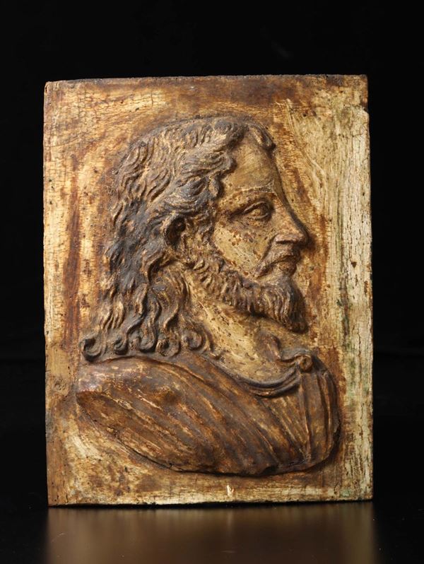 Profilo di Cristo in cartapesta policroma. Plasticatore italiano del XVI secolo