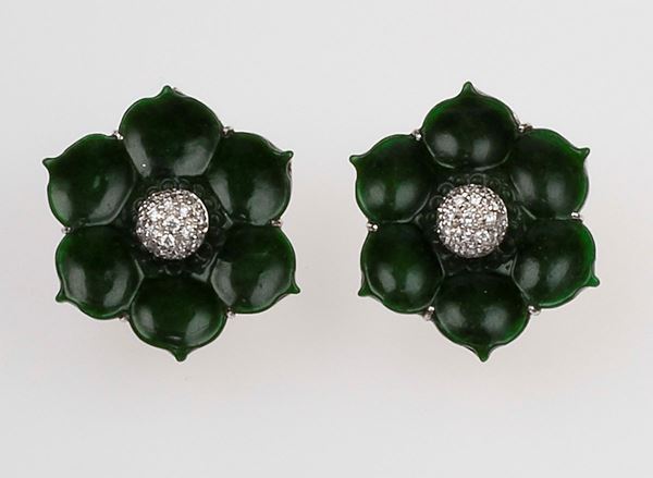 Pair of nephrite and diamond earrings