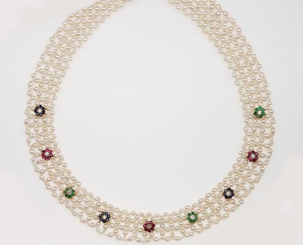 Cultured pearls, emerald, ruby, sapphire and diamond necklace