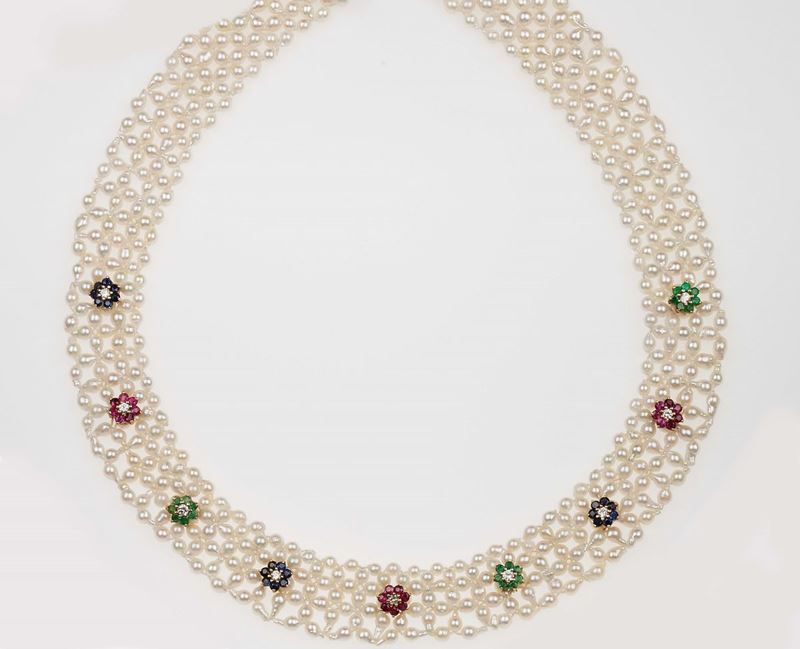 Cultured pearls, emerald, ruby, sapphire and diamond necklace  - Auction Fine Jewels - II - Cambi Casa d'Aste