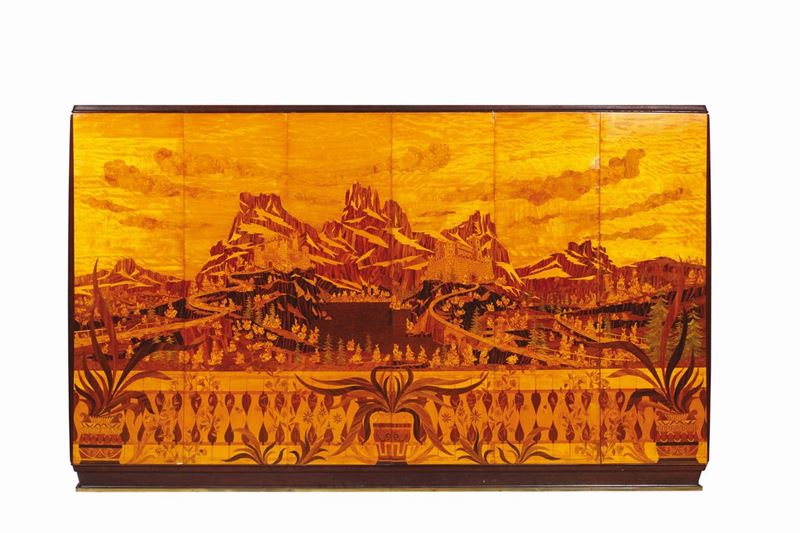 Mobile contenitore in legno con rivestimento in legno con intarsi di diverse essenze.  - Auction Design - Cambi Casa d'Aste
