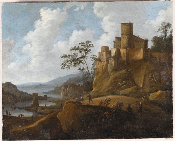 Scuola fiamminga del XVII secolo Paesaggio con architetture