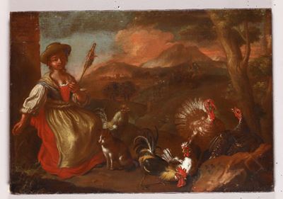 Scuola del XVII Secolopaesaggio con Filatrice e Tacchini