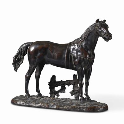 Anonimo Austriaco del XIX Secolocavallo con Finimenti Accanto Ad una Siepe