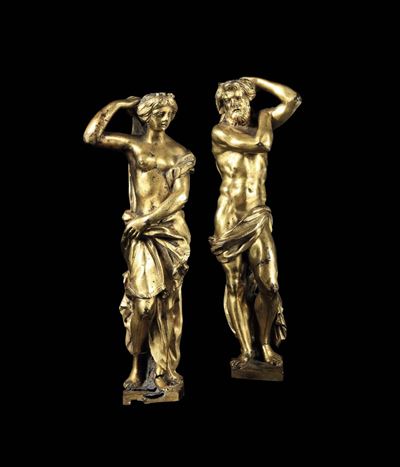 Coppia di Cariatidi in Bronzo Fuso, Cesellato e Dorato. Fonditore Romano del XVII Secolo