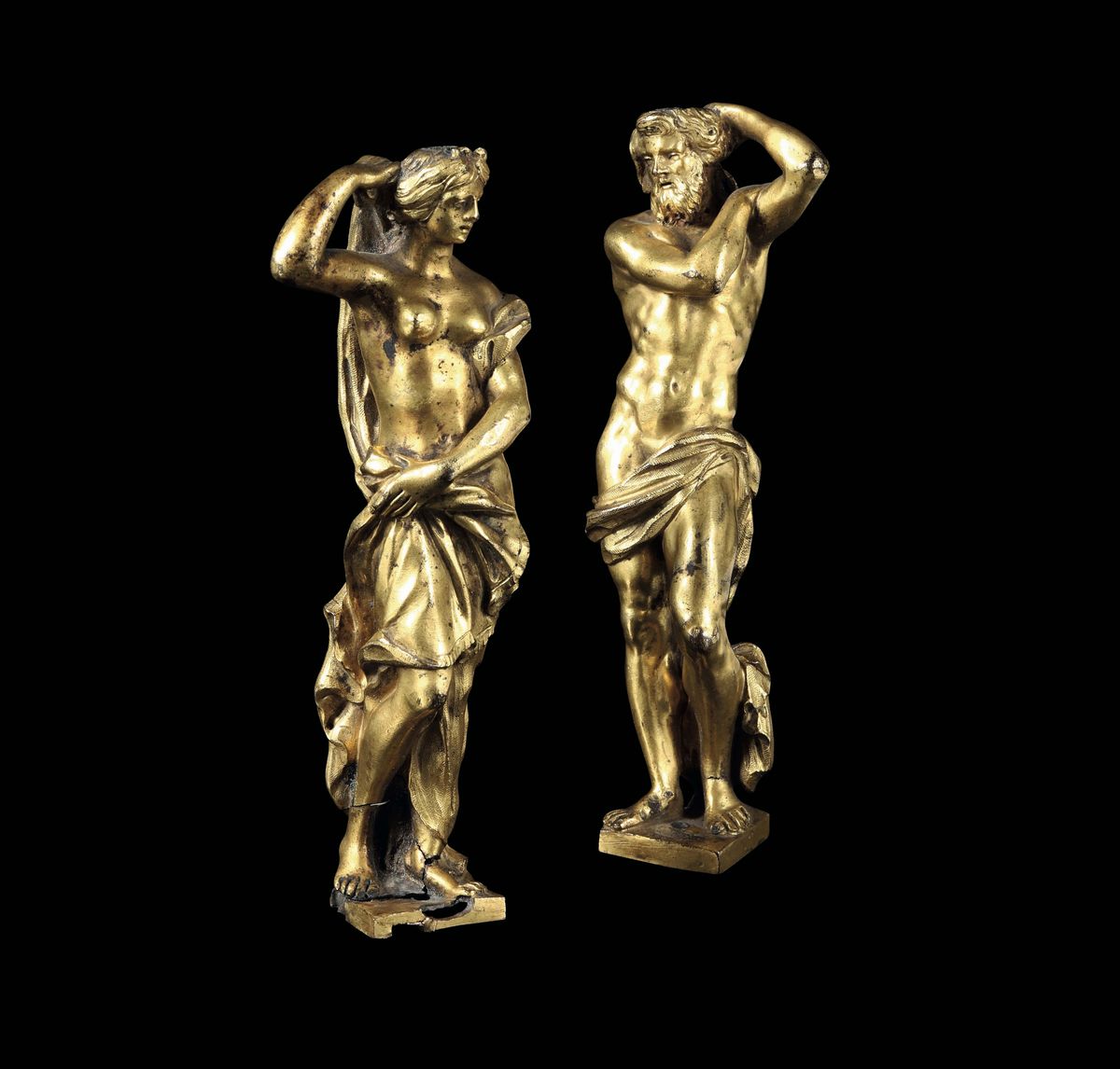 Coppia di Cariatidi in Bronzo Fuso, Cesellato e Dorato. Fonditore Romano del XVII Secolo