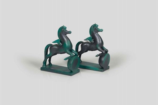 Zaccagnini, Florence, 1940 ca. A pair of book-end horses in tin-glazed terracotta