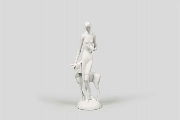 Gerhard Schliepstein for Rosenthal, Germany, 1930 ca. A statue of a female figure with a doe in white porcelain