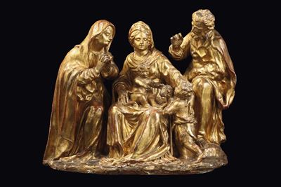 Sacra Famiglia con S. Anna e S. Giovannino in Terracotta Dorata, Plasticatore Emiliano o Romano d...