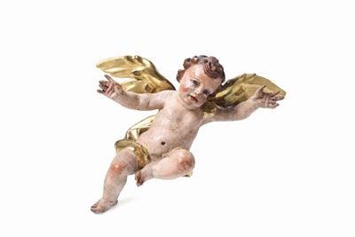 Putto Alato in Legno Policromo e Dorato, Scultore Barocco del XVIII Secolo