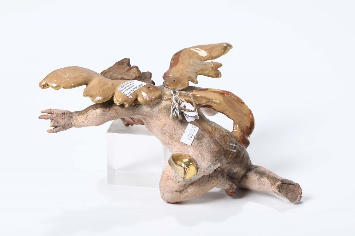 Putto Alato in Legno Policromo e Dorato, Scultore Barocco del XVIII Secolo