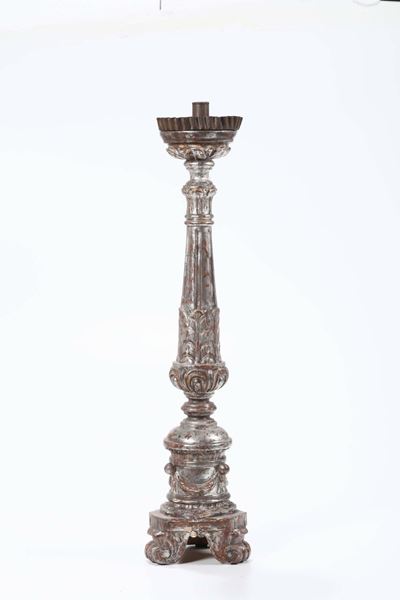 Candeliere in Legno Intagliato e Argentato, XIX Secolo