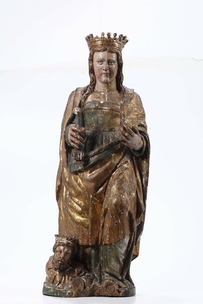 Figura di Santa con Corona in Legno Policromo e Dorato, Scultore Spagnolo o Dell’italia Meridiona...