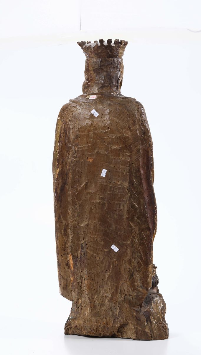 Figura di Santa con Corona in Legno Policromo e Dorato, Scultore Spagnolo o Dell’italia Meridiona...