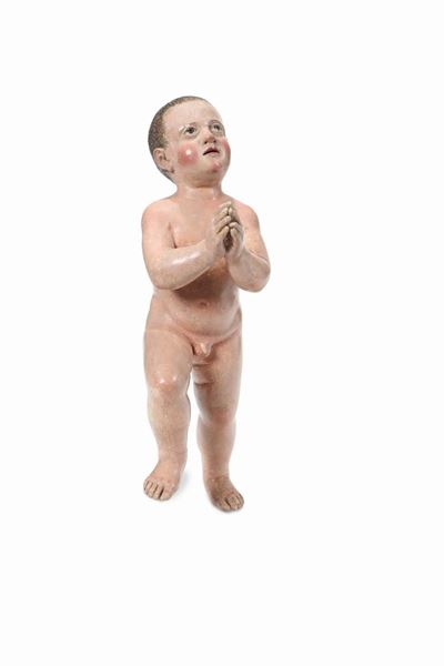 Gesù Bambino Orante in Legno Policromo e Occhi in Vetro, Italia Centro-meridionale del XVIII-XIX ...