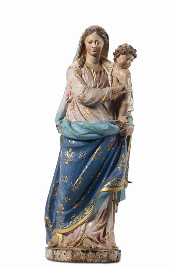 Madonna con Bambino in legno policromo e dorato, arte barocca italiana del XVII-XVIII secolo