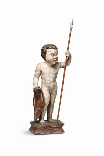 Figura di Fanciullo in Legno Policromo. Scultore Tardo Manierista, Italia Centrale, XVI Secolo