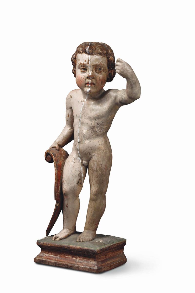 Figura di Fanciullo in Legno Policromo. Scultore Tardo Manierista, Italia Centrale, XVI Secolo