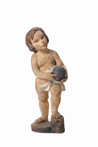 Putto che Regge il Mondo in Legno Policromo, Scultore Barocco del XVII-XVIII Secolo