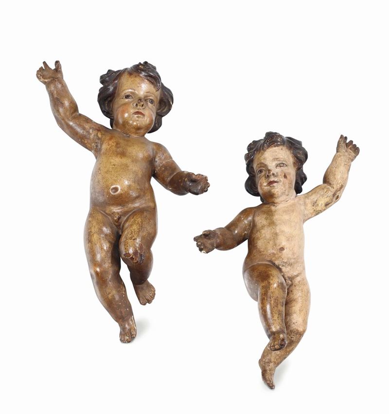 Coppia di putti in legno policromo, arte barocca italiana XVII-XVIII secolo  - Auction Fine Art - Cambi Casa d'Aste