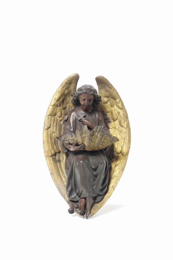 Acquasantiera in bronzo con angelo, XIX-XX secolo