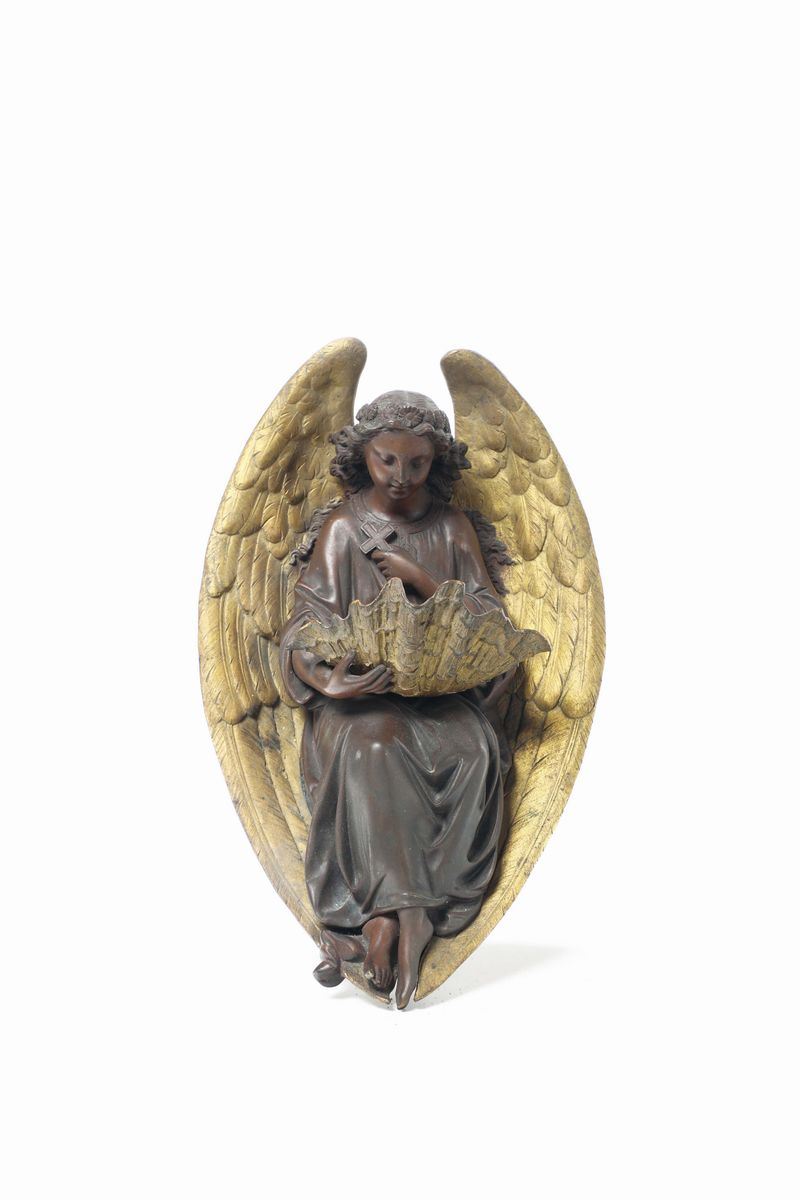 Acquasantiera in bronzo con angelo, XIX-XX secolo  - Asta Asta a Tempo Scultura - Cambi Casa d'Aste