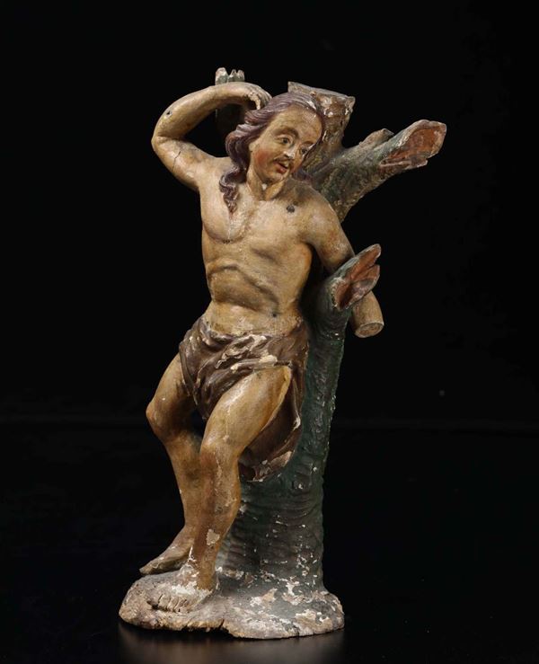 Saint Sebastian in polychrome wood. Baroque sculptor active in northern Veneto or Tirol in the 17th century