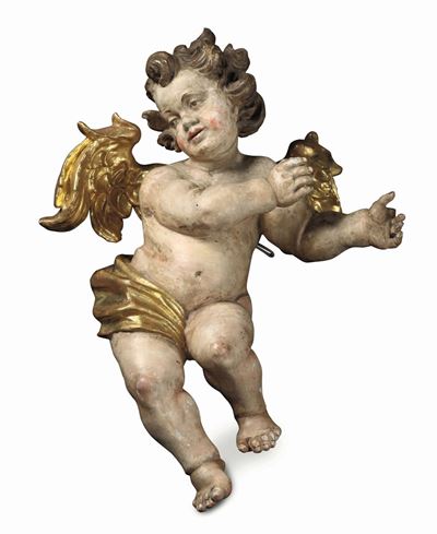 Putto in Legno Policromo e Dorato. Arte Barocca Germania del Sud o Austria XVII Secolo.