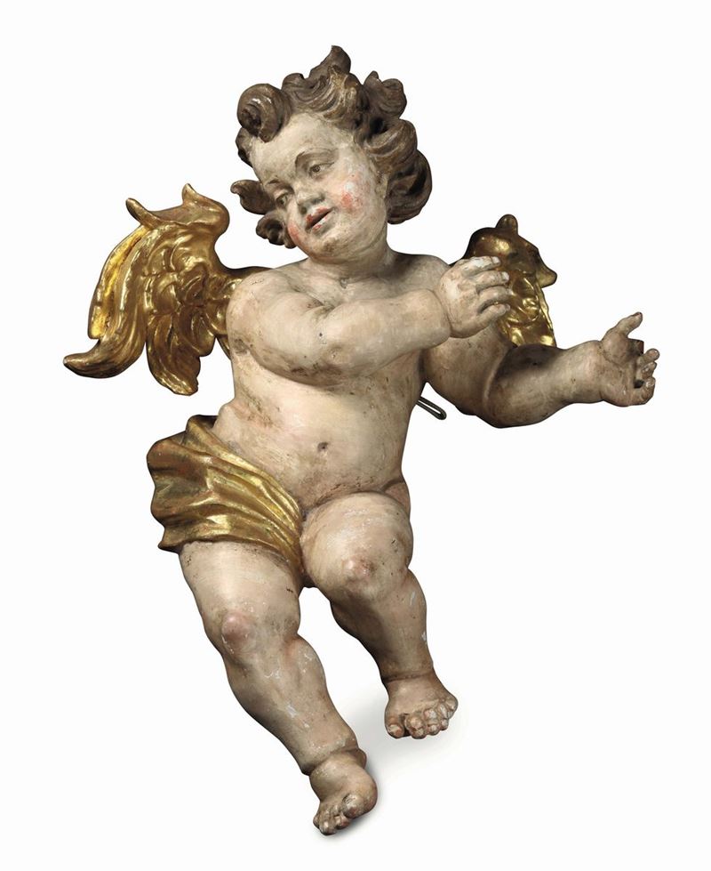 Putto in legno policromo e dorato. Arte barocca Germania del sud o Austria XVII secolo.  - Asta Scultura e Oggetti d'Arte - Cambi Casa d'Aste