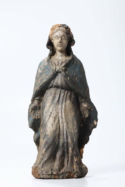 Madonna o Dolente Madonna Immacolata in Legno Laccato e Angelo in Legno Patinato, Italia XVIII Se...