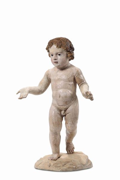 Grande Putto in Legno Policromo e Occhi in Vetro, Italia Centrale XVIII Secolo