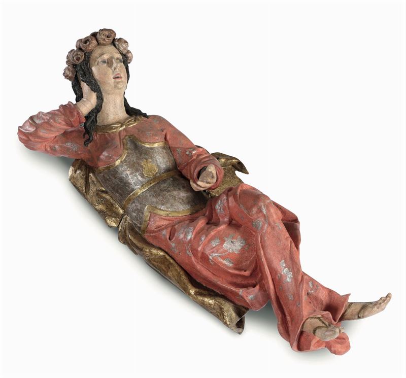 Scultura in legno policromo, dorato e argentato. Arte barocca italiana (probabilmente Sicilia), XVII secolo Santa Rosalia  - Auction Fine Art - Cambi Casa d'Aste