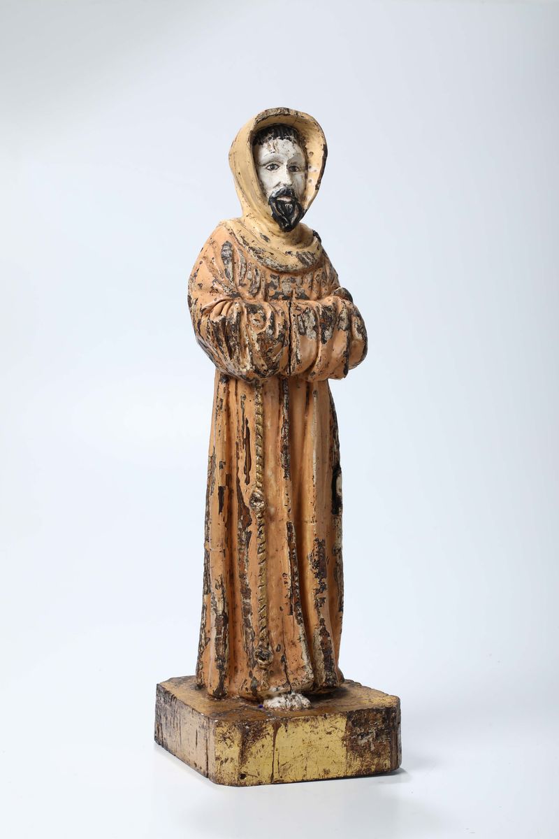 Frate Francescano in Legno Scolpito e Policromo, Spagna XVII Secolo
