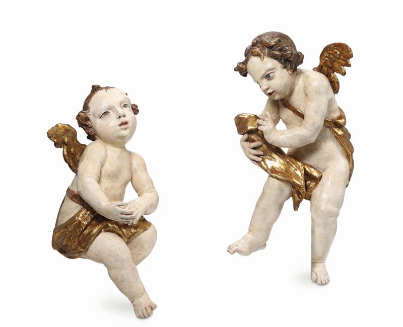 Coppia di putti in legno policromo e dorato, arte barocca, Alto Veneto o Germania del sud XVII secolo  - Auction Fine Art - Cambi Casa d'Aste