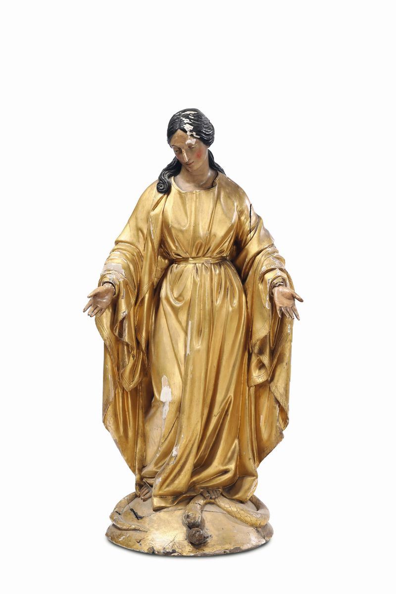 Madonna Immacolata in legno dorato e policromo, arte italiana del XIX secolo  - Asta Asta a Tempo Scultura - Cambi Casa d'Aste
