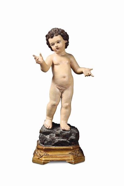 Gesù Bambino in Legno Policromo Dorato e Vetro. Scultore Napoletano del XIX Secolo