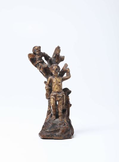 Gruppo in Legno Policromo Raffigurante San Sebastiano e Figura di Cristo Crocifisso in Legno Inta...
