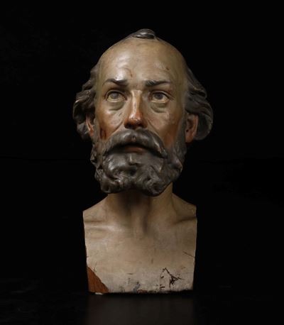Testa Virile in Legno Scolpito e Dipinto. Scultore Barocco Italiano del XVIII Secolo