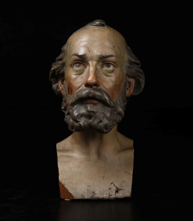 Testa virile in legno scolpito e dipinto. Scultore barocco italiano del XVIII secolo  - Auction Sculpture and Works of Art - Cambi Casa d'Aste