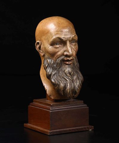 Testa Virile in Legno Scolpito e Dipinto. Scultore Barocco Italiano del XVIII Secolo