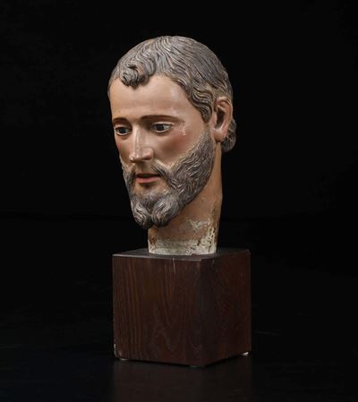 Testa di Giovane in Legno Policromo e Vetro. Scultore Dell’italia Centro-meridionale XVIII-XIX Se...