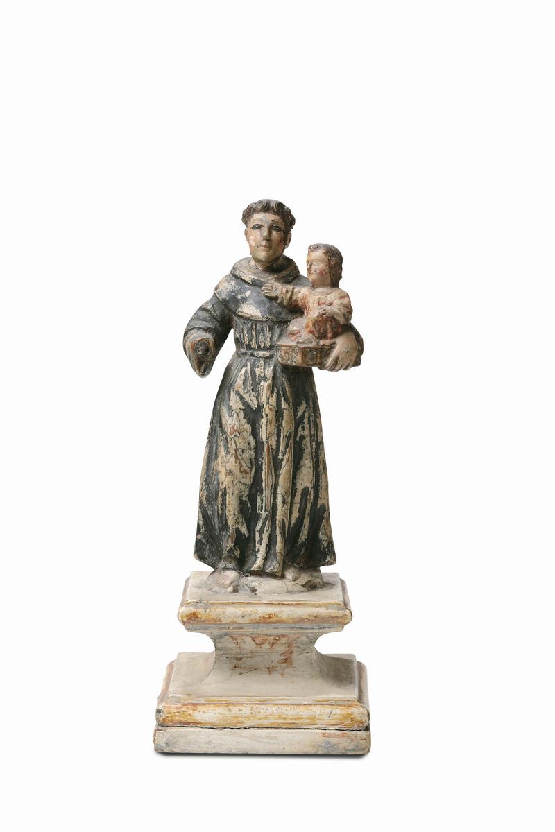 S.Antonio da Padova in legno policromo, scultore barocco del XVII-XVIII secolo  - Asta Asta a Tempo Scultura - Cambi Casa d'Aste