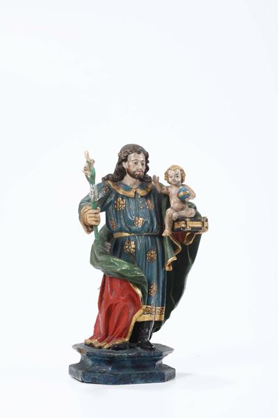 Figura Maschile (cristo?) e Figura di Santo in Legno Policromo, Arte Popolare del XVII-XVIII Seco...
