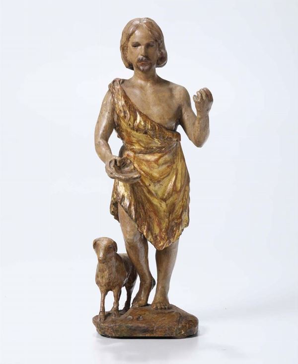 S.Giovanni Battista in legno policromo e dorato, arte italiana o spagnola del XVII secolo