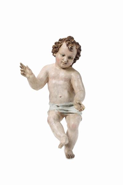 Gesù Bambino Benedicente in Legno Policromo e Occhi in Vetro, Napoli XIX Secolo