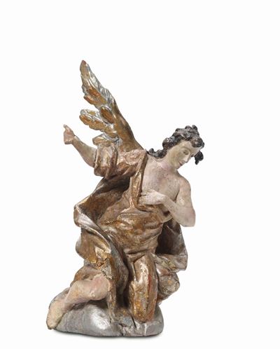 Angelo Adorante in Legno Policromo, Dorato e Argentato, Arte Veneta del XVII-XVIII Secolo